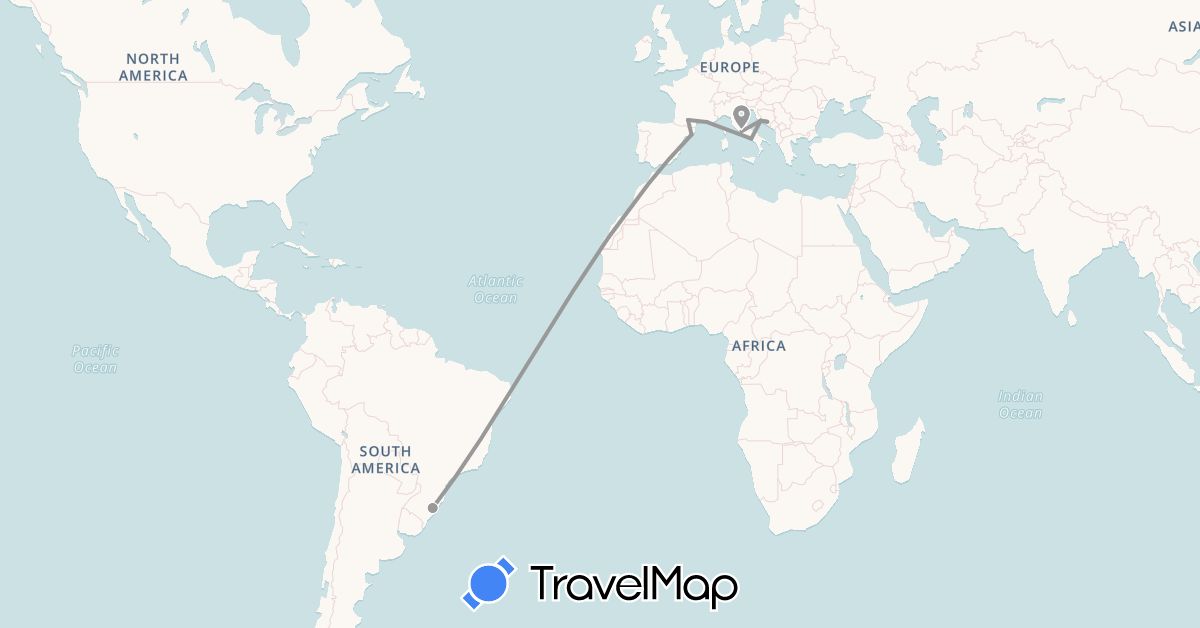 TravelMap itinerary: driving, plane in Bosnia and Herzegovina, Brazil, Spain, France, Croatia, Italy (Europe, South America)